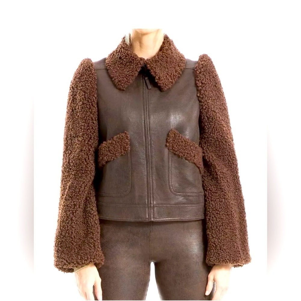 ‼️SOLD‼️MAX STUDIO CHOCOLATE BROWN LEATHERETTE BOMBER JACKET NWT - Picture 1 of 4